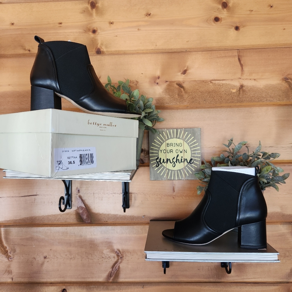 Bettye Muller 💜 NEW Bettina Black Nappa Leather Heel Ankle Booties Stretch 36.5